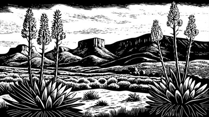 Fototapeta premium Texas’ Chihuahuan Desert with agave plants, mesas, and desert wildlife interpreted in bold black and white line art illustration great for biology, maps, or eco-travel guides