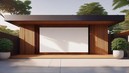 new house with wooden door and empty white signage 3d rendering of large patio in modern home