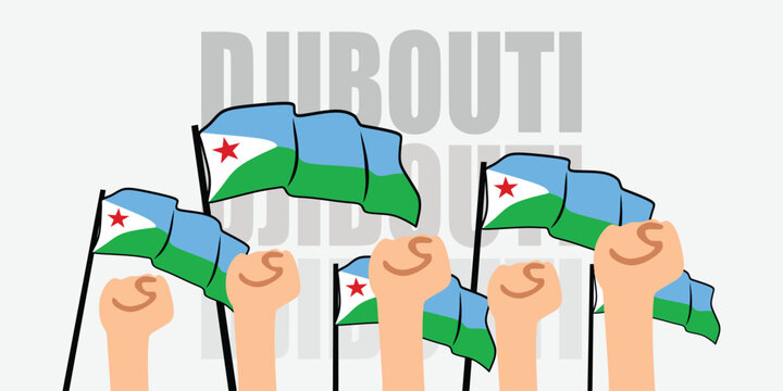hand with flag of the Djibouti or Djibouti independence day vector illustration of Djibouti flag with gray background banner or greeting card
