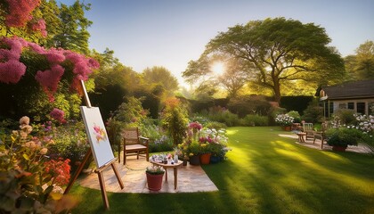 relaxing afternoon spent painting in a sun drenched garden vibrant colors and tranquil atmosphere perfect for a creative lifestyle blog or website escape relaxing