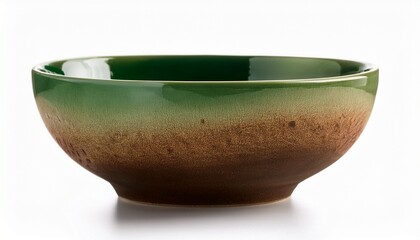 empty ceramic bowl with green and brown glaze on white background