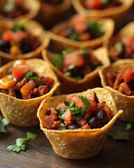 Tiny taco cups, party food, wooden table, appetizers