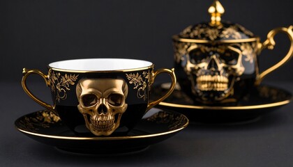 An ornate lidded teacup with black floral designs and golden accents sits beside another cup featuring a skull motif. A striking blend of elegance and edgy gothic style.