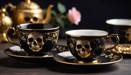 An ornate lidded teacup with black floral designs and golden accents sits beside another cup featuring a skull motif. A striking blend of elegance and edgy gothic style.