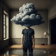 A powerful metaphor for depression and mental turmoil, showing a person whose head is a dark, raining storm cloud
