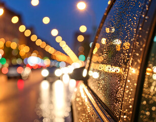 Macros of raindrops on car window reflect blurred city lights during a rainy night while driving through urban streets