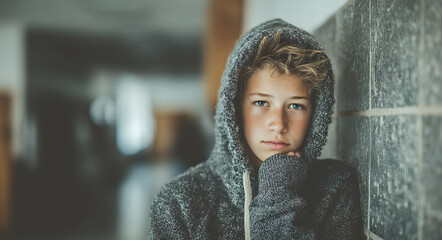 Worried teenage boy in gray hoodie standing in school hallway looking anxious and concerned. Student mental health awareness. Educational counseling services