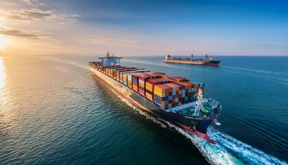 an aerial view of two cargo ships filled with colorful containers sailing side by side in the ocean symbolizing global trade and connectivity