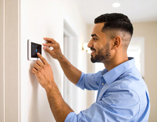  Man installs motion sensor in warm home hallway with bright lighting and friendly atmosphere during daytime hours