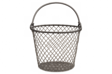 Wire mesh basket with a metal handle, isolated on a transparent background, perfect for composting or gardening