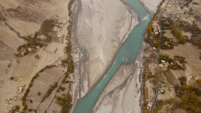 Aerial view of Shyok River winding through mountains, Pakistan.