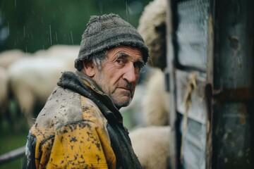 Senior shepherd wearing dirty clothes and wool hat standing in the rain near his sheep and barn