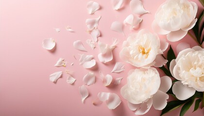 beautiful white peony flowers and petals in flight against a light pink pastel background with copy space a creative floral layout for spring spring blossom backdrop