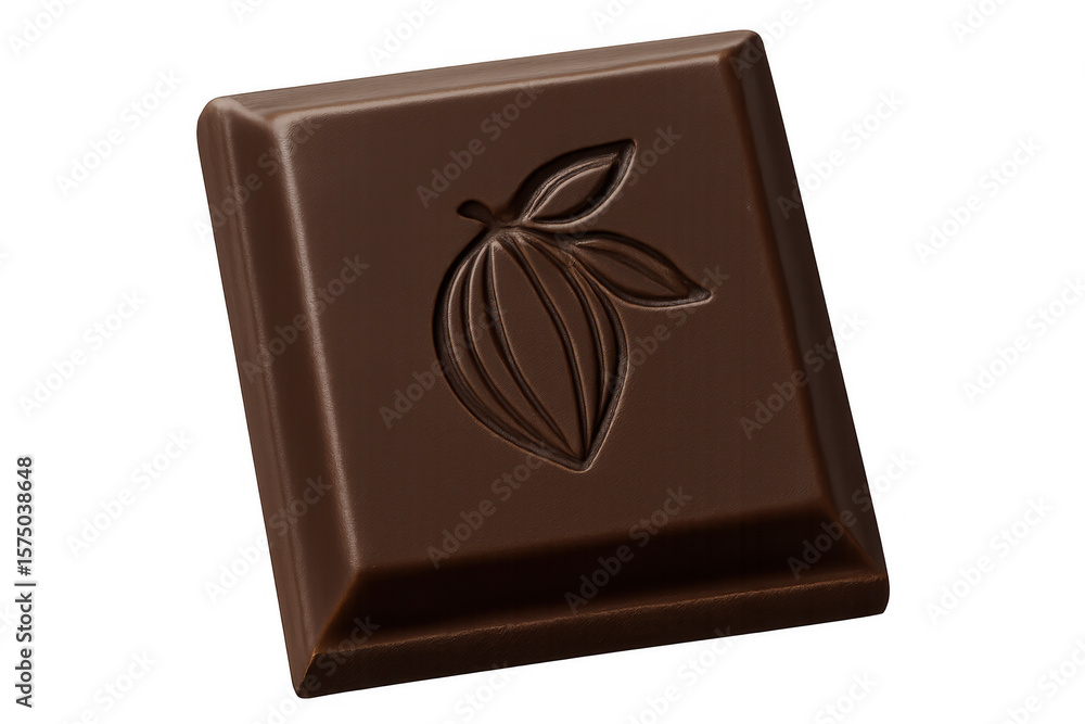 Poster square piece of dark chocolate with cocoa bean pod embossed on top, isolated on transparent backgrou