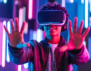 Teen boy immerses in virtual reality with neon lights during an engaging gaming session at a futuristic gaming arena