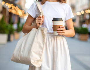 Teen girl in urban setting enjoys reusable coffee cup while holding canvas bag, promoting eco-friendly lifestyle with casual fashion choices during daytime outing