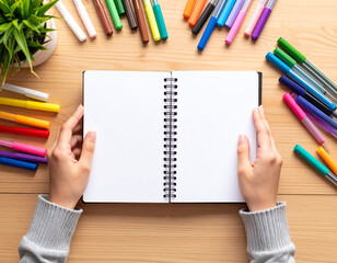 Teen girl journals and draws colorful doodles in sketchbook on a wooden table surrounded by vibrant markers during afternoon sunlight