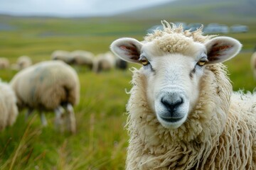 Obraz premium Close up of sheep standing in grassy field, flock grazing in the background, creating idyllic pastoral scene