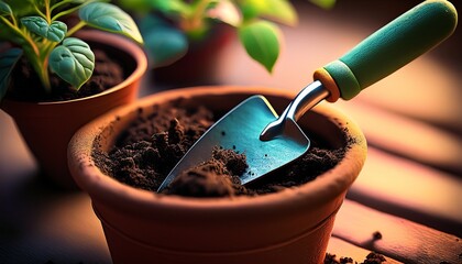 close up of a small garden trowel in a pot of dark soil next to a potted plant