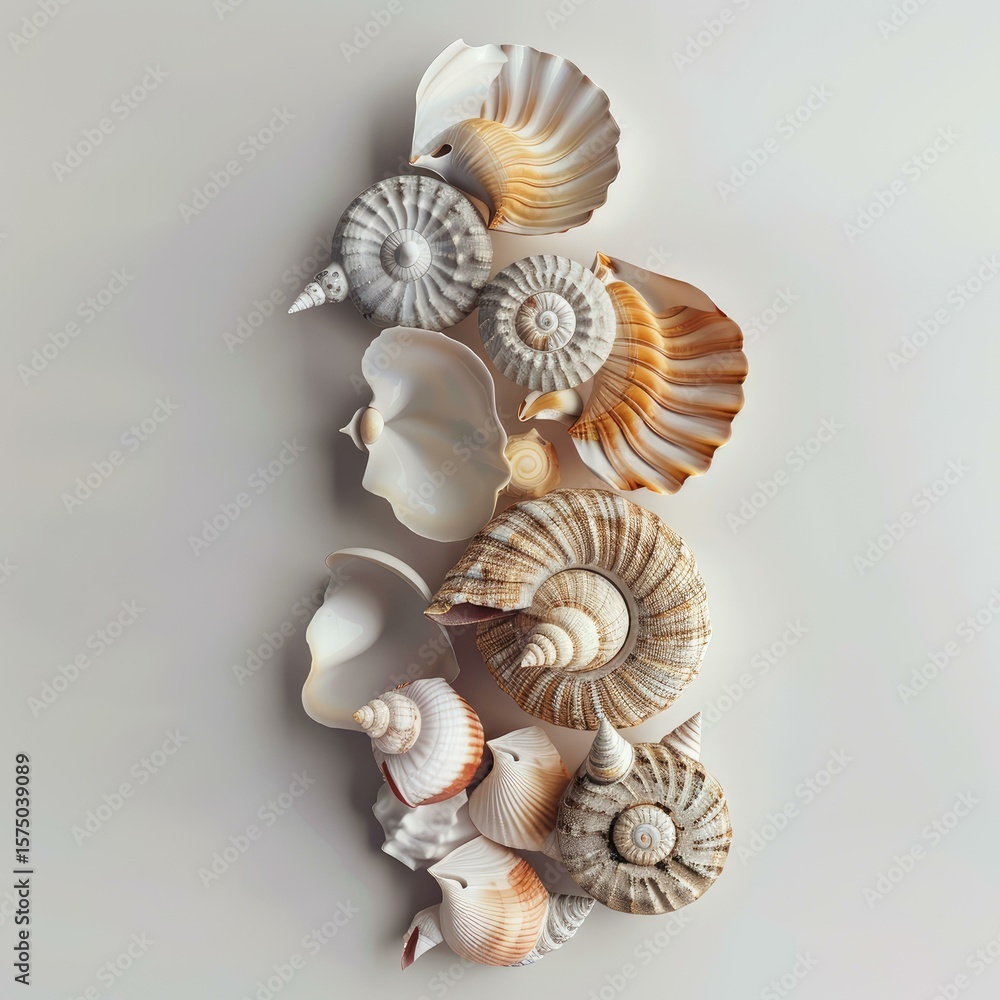 Poster different seashells arranged vertically on a beige background, creating an interesting composition