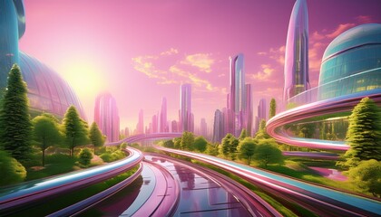 futuristic cityscape with tall glass buildings curved roads pine trees and green roofs under a pink sun modern architecture blends with nature in a vibrant imaginative scene