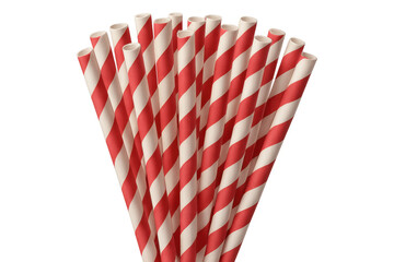 Paper straws fanning out in red and white stripes, arranged neatly against transparent surface, ideal for graphic design projects