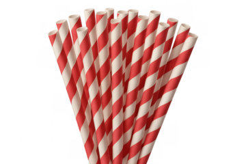 Paper straws fanning out in red and white stripes, arranged neatly against transparent surface, ideal for graphic design projects