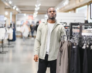 Fototapeta premium Customer choosing clothes in fashion store, african american man shopping