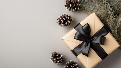 Holiday gift, present,  grey backdrop, pine cones, festive