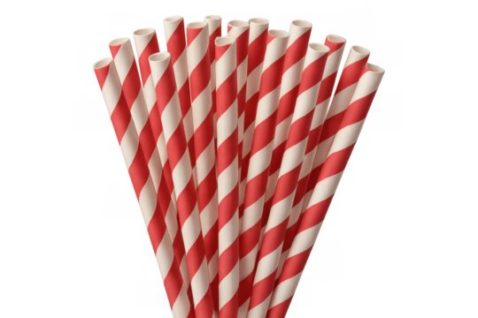 Paper straws fanning out in red and white stripes, arranged neatly against transparent surface, ideal for graphic design projects
