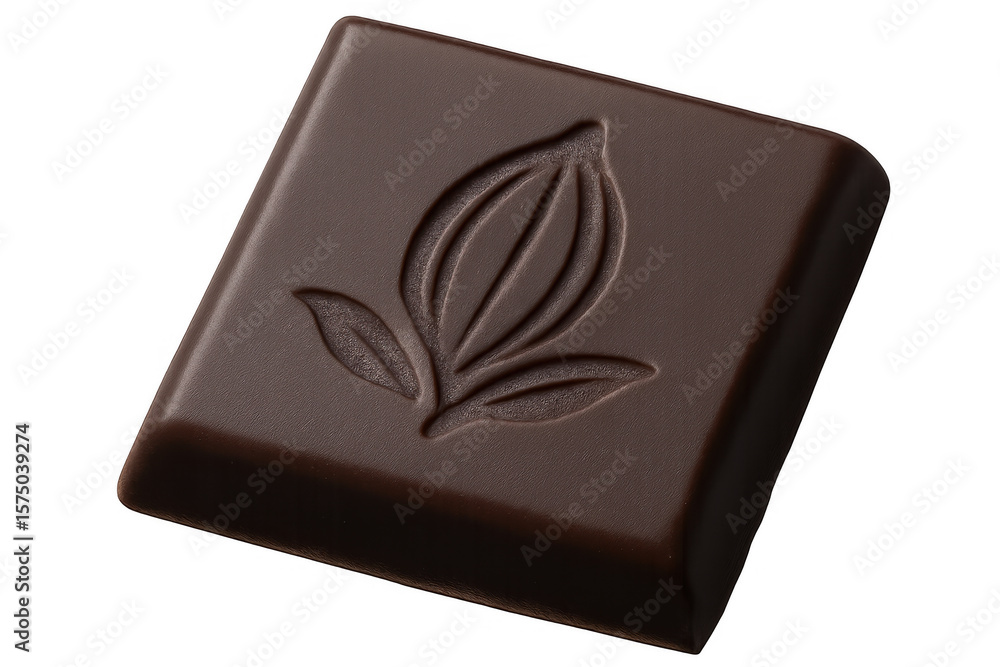 Aufkleber dark chocolate square displaying intricate cocoa pod embossing, positioned against transparent backd
