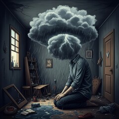 A powerful metaphor for depression and mental turmoil, showing a person whose head is a dark, raining storm cloud
