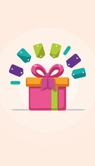 Colorful gift box bursting with price tags on minimalistic background, concept of gift-giving and promotions.