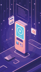 Futuristic bus ticket machine with interactive 3D display in a minimalistic purple and lime cyberspace, public transport and urban travel concept