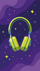 Lime headphones floating in purple space with abstract stars, modern design concept for audio accessories and technology businesses.