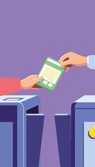 Digital ticket being scanned at a turnstile, minimalistic vector illustration, purple and lime tones, representing efficiency and modern transportation concept