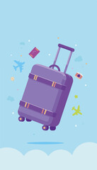 Vibrant purple suitcase with wheels floating mid-air surrounded by travel icons against a minimalistic sky-blue background, concept of travel planning and adventure