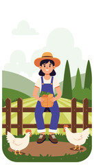 Fototapeta premium Young female farmer holding basket of fresh produce sitting on fence with chickens around, minimalistic rural background, concept of agriculture and farm life