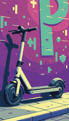 Modern electric scooter leaning against a vibrant graffiti wall, urban lifestyle and transportation concept.
