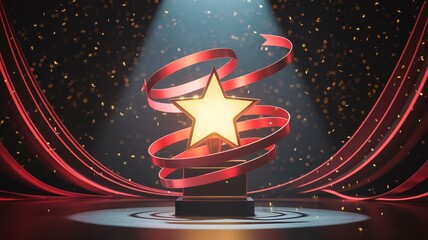 Achievement award ceremony golden star trophy with red ribbon and confetti background design