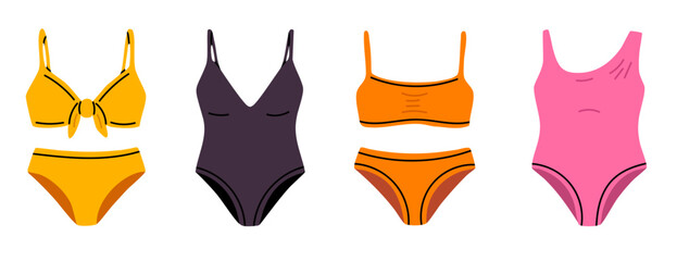 Set of colorful women's swimwear including bikini, one-piece and two-piece swimsuits. Summer beachwear collection for fashion, vacation or clothing design.