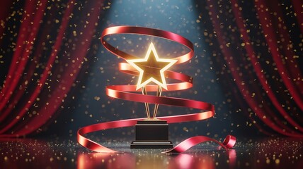 Award ceremony stage background with golden star trophy and red ribbon for celebration event