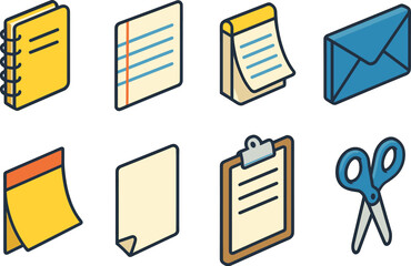 Essential office supplies set in modern isometric style