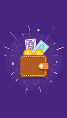 Flat vector illustration of an open wallet displaying discount coins and vouchers, illuminated by lime light streaks against a purple background, concept of savings and promotions.