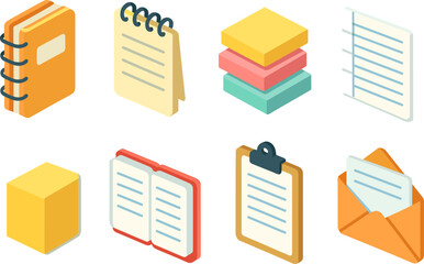 Isometric office supplies: notebooks, note pads, envelopes, and stack of papers collection