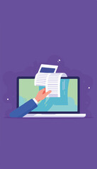 Digital hand reaching for printed ticket emerging from laptop screen, purple minimalistic background, concept of online services and ticketing businesses.