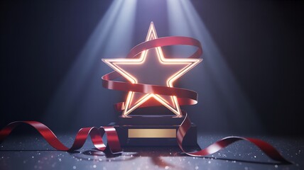 Star award trophy with red ribbon and spotlights for recognition and achievement concept