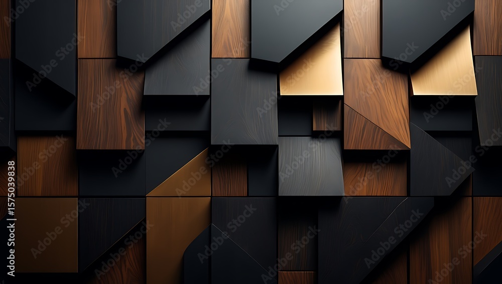 Poster abstract wood and metal block wall design with geometric patterns and contrasting textures, elegant 