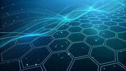Abstract Wavy Lines and Geometric Hexagonal Pattern on Blue Background