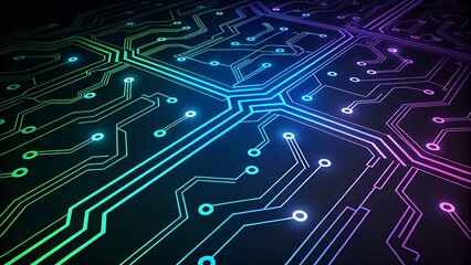 Colorful Flowing Neon Circuit Lines on Dark Background